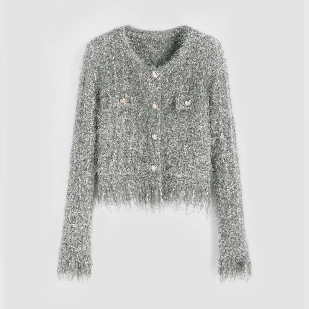 Cider FUZZY ROUND NECK BUTTON METALLIC KNITTED LONG SLEEVE CHIC CARDIGAN L CR1-5 - Picture 3 of 11